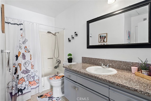 full bath featuring shower / tub combo with curtain, vanity, toilet, tile patterned floors, and visible vents