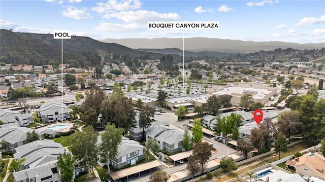 birds eye view of property with a mountain view and a residential view