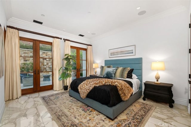 bedroom featuring multiple windows, access to exterior, french doors, marble finish floor, and visible vents