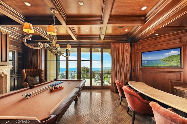 rec room featuring wood ceiling, crown molding, pool table, wood walls, and coffered ceiling
