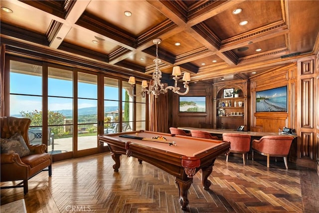 recreation room with wooden walls, crown molding, billiards, wood ceiling, and coffered ceiling