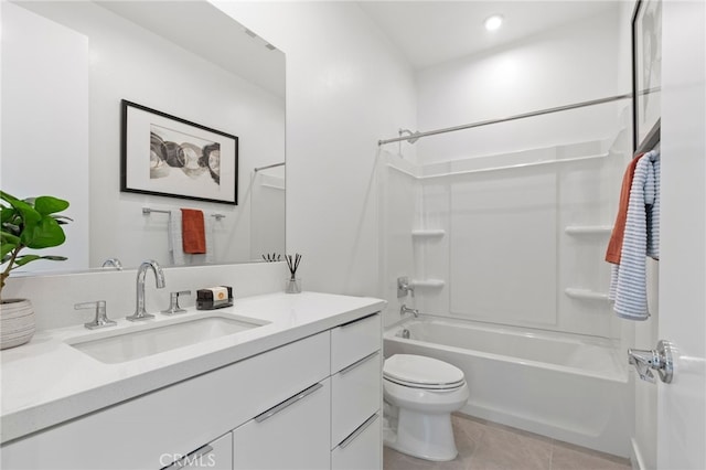 full bath with tile patterned flooring, vanity, toilet, recessed lighting, and shower / washtub combination