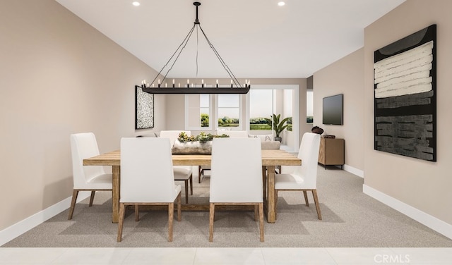 carpeted dining area with baseboards and recessed lighting