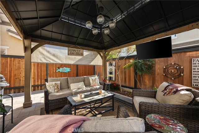 9 Woodlake Dr, Buena Park, CA 90621 - view of patio / terrace featuring a gazebo, a fenced backyard, and outdoor lounge area