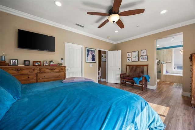 9 Woodlake Dr, Buena Park, CA 90621 - bedroom with recessed lighting, baseboards, wood finished floors, visible vents, and ornamental molding