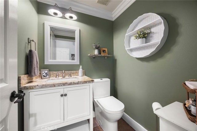 9 Woodlake Dr, Buena Park, CA 90621 - bathroom with crown molding, vanity, toilet, baseboards, and visible vents