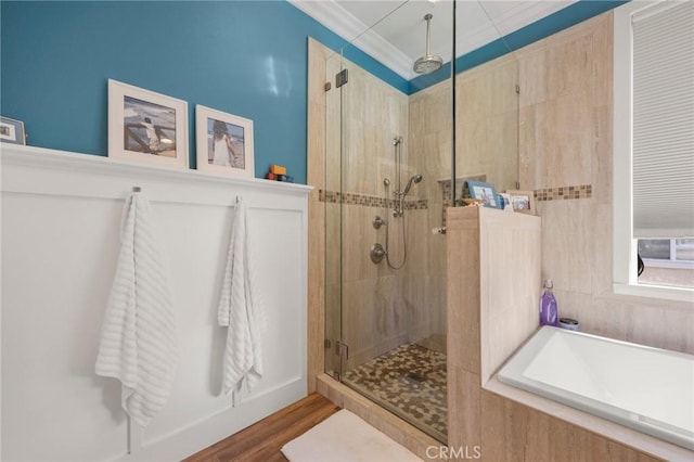 9 Woodlake Dr, Buena Park, CA 90621 - full bath featuring crown molding, wood finished floors, a bath, and a shower stall