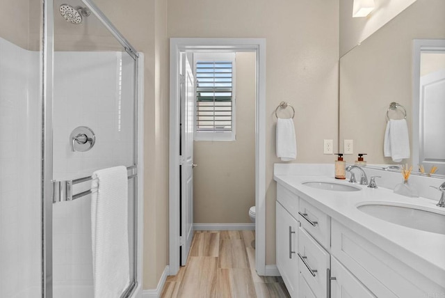 full bathroom featuring toilet, a shower stall, and a sink