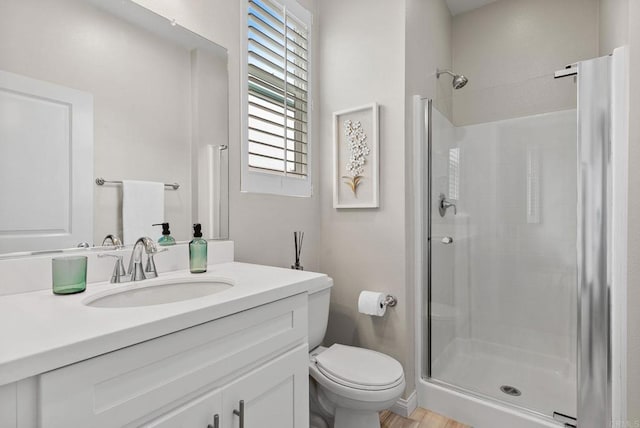 bathroom featuring vanity, toilet, and a stall shower