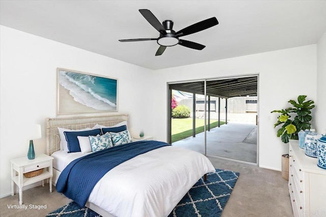 bedroom with access to outside, ceiling fan, and light colored carpet