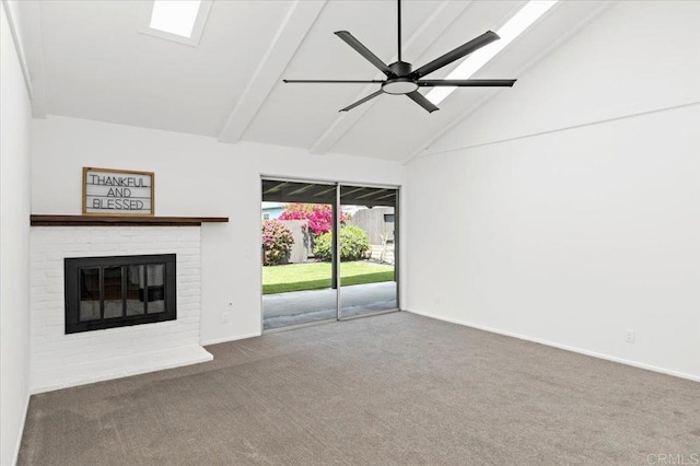 unfurnished living room with carpet, high vaulted ceiling, beamed ceiling, and a ceiling fan