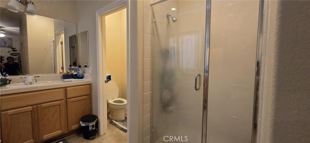 bathroom with vanity, a stall shower, and toilet