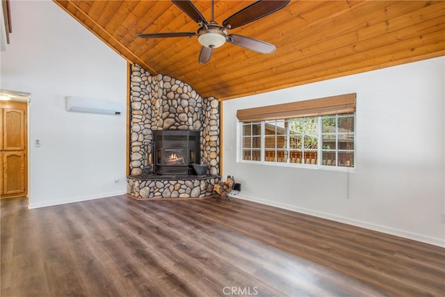 unfurnished living room with wood finished floors, baseboards, ceiling fan, wooden ceiling, and vaulted ceiling