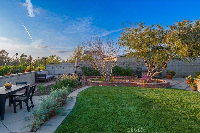 view of yard featuring a patio, a fenced backyard, and an outdoor hangout area