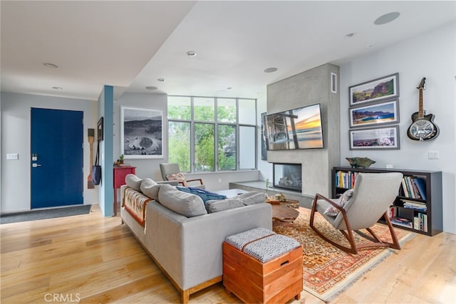 living room with light wood-style floors, recessed lighting, and a fireplace