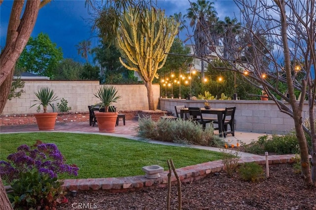 view of yard with fence and a patio
