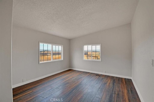 unfurnished room featuring baseboards, a textured ceiling, a healthy amount of sunlight, and dark wood-type flooring
