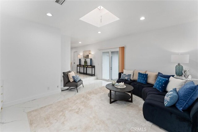 living area with visible vents, marble finish floor, a skylight, and recessed lighting
