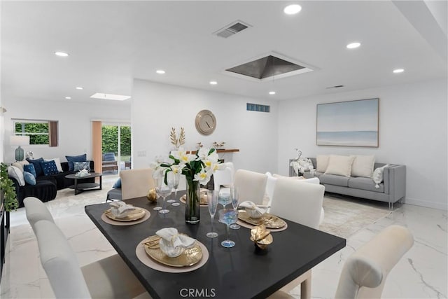 dining area with marble finish floor, recessed lighting, visible vents, and a skylight