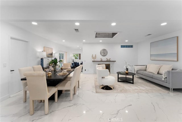 dining area featuring marble finish floor, visible vents, and recessed lighting