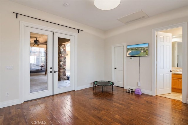 3863 Flowerwood Ln, Fallbrook, CA 92028 - doorway featuring hardwood / wood-style floors, baseboards, and french doors