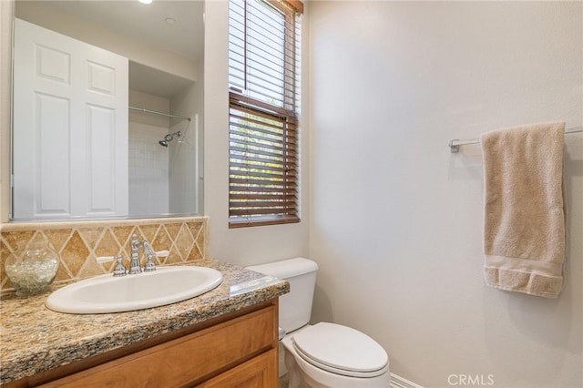 3863 Flowerwood Ln, Fallbrook, CA 92028 - bathroom with decorative backsplash, toilet, vanity, and a shower