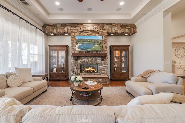 living room with visible vents, wood finished floors, a tray ceiling, and a stone fireplace