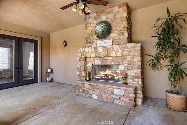 3863 Flowerwood Ln, Fallbrook, CA 92028 - view of patio with a fireplace, french doors, and a ceiling fan