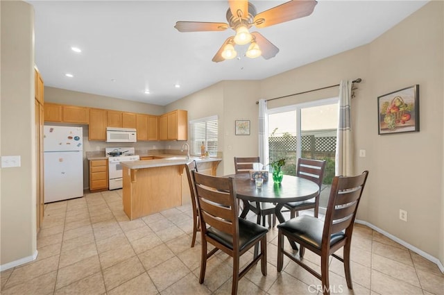 dining space with recessed lighting, a ceiling fan, baseboards, and light tile patterned flooring