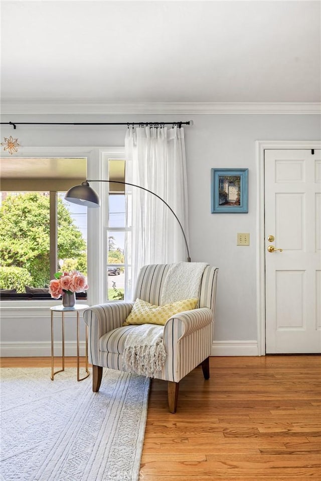 living area featuring baseboards, ornamental molding, and light wood-style flooring