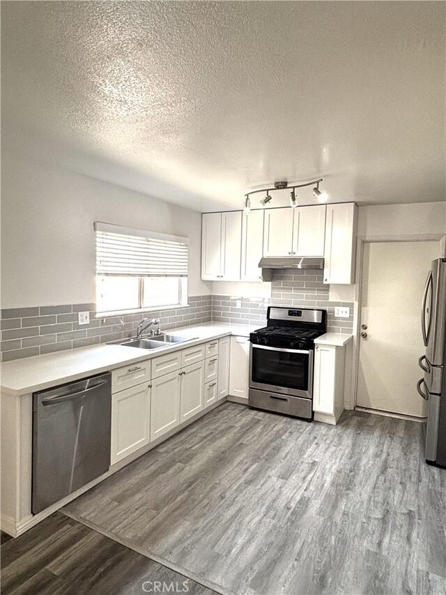 6845 Butte Dr, Riverside, CA 92505 - kitchen featuring appliances with stainless steel finishes, a sink, under cabinet range hood, light countertops, and decorative backsplash