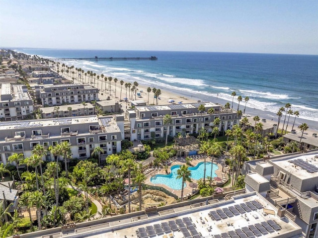bird's eye view with a beach view and a water view