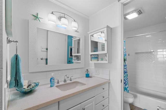 full bathroom featuring backsplash, visible vents, crown molding, vanity, and toilet