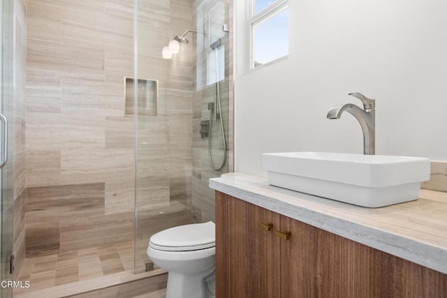 bathroom featuring vanity, a shower stall, and toilet