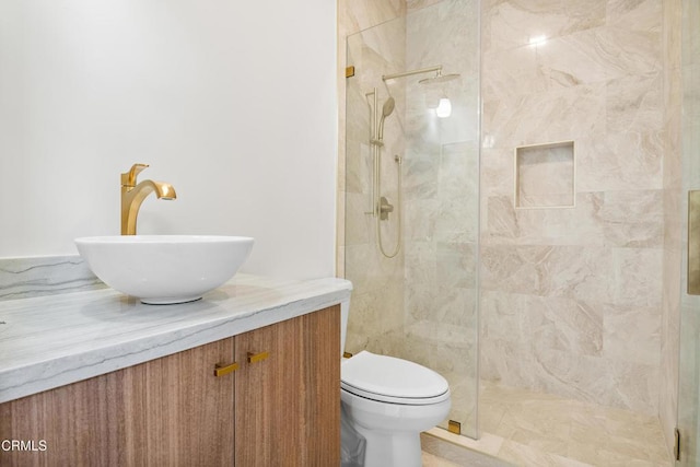 bathroom with toilet, walk in shower, and vanity