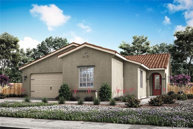 view of front of property featuring fence, stucco siding, a tiled roof, an attached garage, and driveway