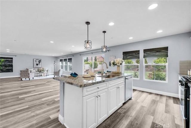 kitchen featuring a sink, gas stove, dishwasher, light wood-type flooring, and stone countertops