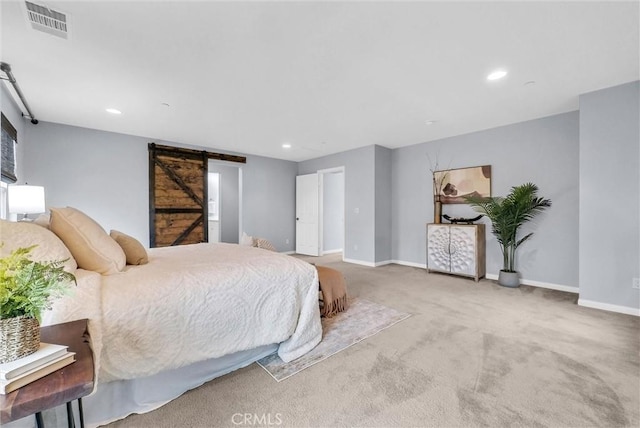20372 Crooked Branch St, Riverside, CA 92507 - bedroom with a barn door, baseboards, carpet flooring, and recessed lighting