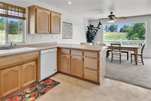 9121 San Diego Rd, Atascadero, CA 93422 - kitchen with dishwasher, a peninsula, a ceiling fan, light countertops, and recessed lighting
