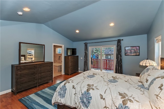 bedroom featuring access to outside, baseboards, wood finished floors, ensuite bathroom, and vaulted ceiling