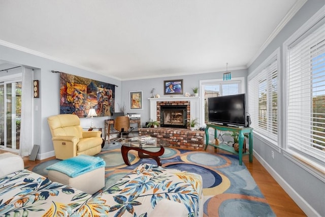 1585 Saratoga Ave, Grover Beach, CA 93433 - living area with ornamental molding, baseboards, wood finished floors, and a brick fireplace