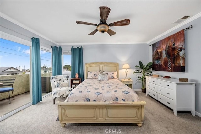 1585 Saratoga Ave, Grover Beach, CA 93433 - bedroom featuring light colored carpet, crown molding, ceiling fan, and baseboards