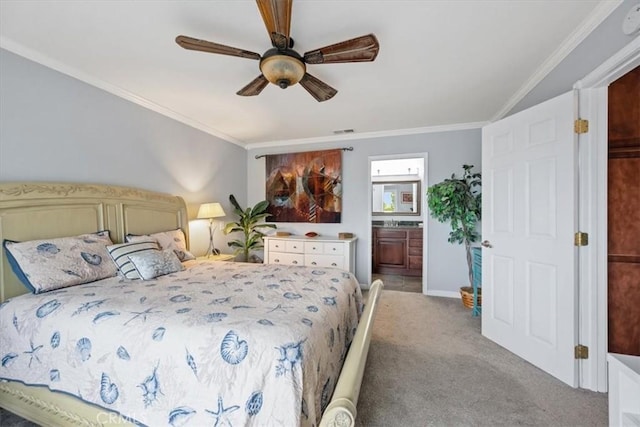 1585 Saratoga Ave, Grover Beach, CA 93433 - bedroom featuring light carpet, ornamental molding, ensuite bath, and ceiling fan