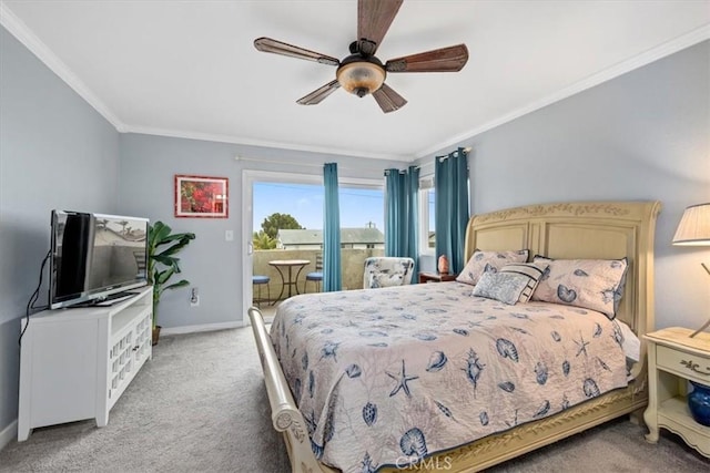 1585 Saratoga Ave, Grover Beach, CA 93433 - bedroom featuring access to exterior, light colored carpet, ornamental molding, baseboards, and a ceiling fan