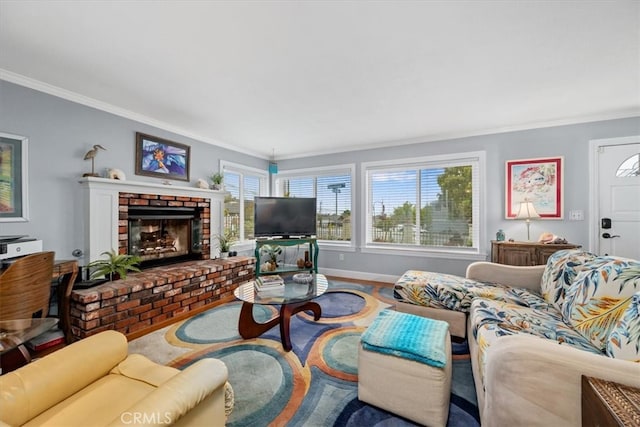 1585 Saratoga Ave, Grover Beach, CA 93433 - living room featuring ornamental molding, baseboards, a brick fireplace, and wood finished floors