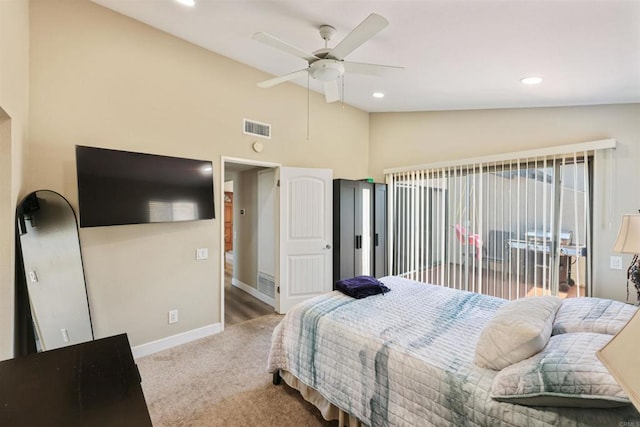 bedroom featuring carpet flooring, ceiling fan, high vaulted ceiling, baseboards, and visible vents