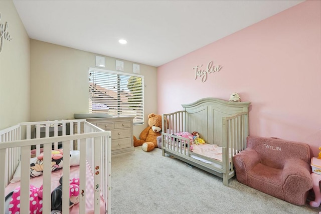 bedroom with recessed lighting and carpet flooring
