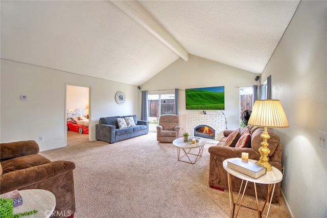 living area with carpet floors, beamed ceiling, and high vaulted ceiling
