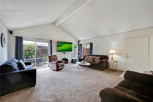 carpeted living room with a textured ceiling, beamed ceiling, and high vaulted ceiling