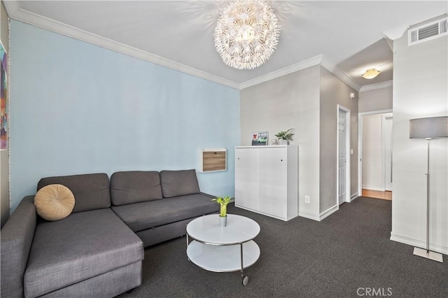 carpeted living room featuring crown molding, baseboards, visible vents, and a chandelier